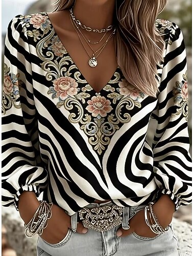  Mulheres Camisa Social Floral Gráfico Geométrica Boêmia Férias Vintage Manga Longa Decote V Tops longos Casual Diário Feriado Castanho Avermelhado Preto Roxo Bege Verão Primavera