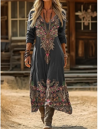  Dam Maxiklänning Solklänning Sommarklänning Semester Ledigt Boho Dagligen Lös passning Grafisk Färgblock Långärmad V-hals Blå Svart Vin Vår Höst