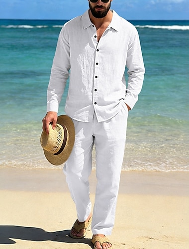  Herren Leinenhemd Zweiteilig Hemd Set Und Leinenhosen Hose Freizeithose Set Einfach Täglich Outdoor Strand Umlegekragen Langarm Sommer Frühling Mode Lässig Bequem Bekleidung
