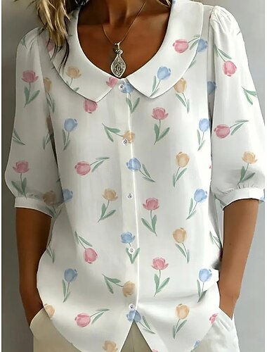  Dames Overhemd Button-down overhemd Blouse Knop Bloemig Stijlvol Klassiek Modern Lange mouw Overhemdkraag Normale tops Dagelijks Feestdagen Uitgaan Wit Blozend Roze Groen Rose Roze Zomer Lente