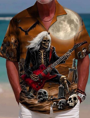  Homme Faucheuse Joueur guitariste Crânes Chemise Chemise Boutonnée Chemise à col camp Manche Courte Vintage Rétro Festival de Musique Fête Été Printemps Col cubain Impression 3D Bleu Marron Gris