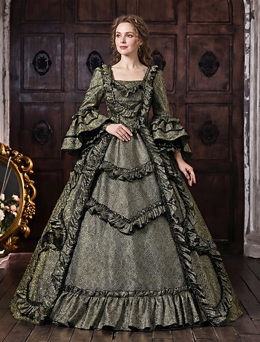  Rococo Baroc Rochie De Bal Lungime Podea Rochii Rochie De Bal Mâneci Lungi Prințesă de Mireasă Cu Șiret Dantelă Floral Haine Bal Pătrat Costume de fancy Pentru femei Regal Halloween Carnaval Mascaradă
