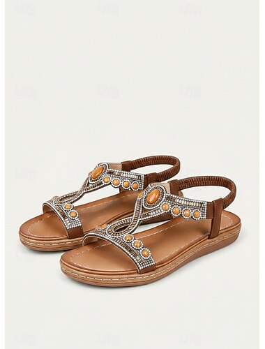  sandale plate de damă cu strasuri albastre cu curea în T – pantofi de vară boho cu pietre prețioase, pentru plajă și ținute casual