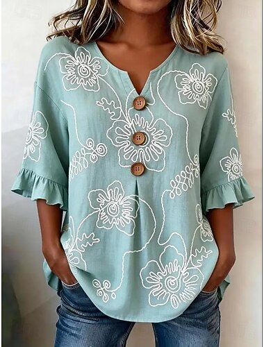  Mulheres Camisa Social Franzido Imprimir Floral Gráfico Férias Casual Boho Manga Curta Meia Manga Gola Redonda Tops longos Casual Diário Azul Amarelo Verde Escuro Cinzento Verão Primavera