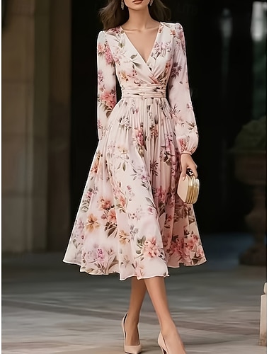 Mulheres Vestido midi Vestido de chiffon Vestido floral Vestido estampado Elegante Moderno Ao ar livre Férias Para Noite Normal Floral Manga Longa Decote V Rosa Verão Primavera