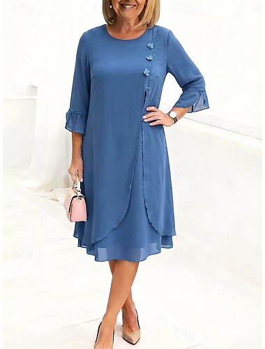 Damen Midikleid Chiffonkleid Cocktailkleid Elegant Mode Outdoor Urlaub Ausgehen Lässiger Schnitt Einfach Langarm Rundhalsausschnitt Blau Schwarz Sommer Frühling