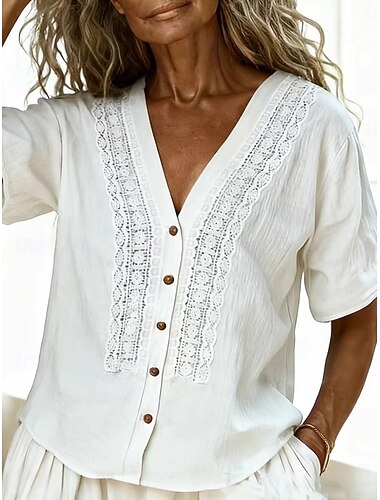  Damen Hemd Boho-Hemd Bluse Bestickt Knöpfe Einfach Stilvoll Klassisch Modern Kurzarm V Ausschnitt Normale Oberteile Täglich Ferien Ausgehen Blau Schwarz Weiß Rosa Sommer Frühling