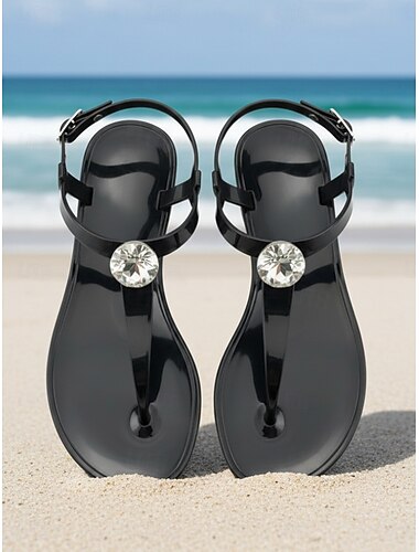  Elegante zwarte jelly sandalen voor dames - waterdichte teenslippers met T-bandje en sprankelende strass-accenten, perfect voor strandvakanties en uitstapjes naar badplaatsen. &zomerse dagelijkse
