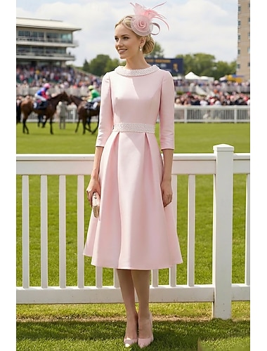  A-lijn Tot de knie Feestjurk Cocktail jurk Bruiloft gast jurk Moeder van de bruid jurk Halve mouw Met sieraad Elegant Bruiloft gast Bruiloft Satijn met Kralen