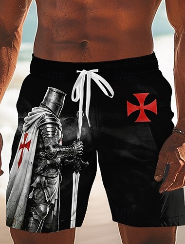  Herren Tempelritter Kreuzfahrer Kreuz Badehosen Badeanzüge Badeshorts Boardshorts Mittlere Taille Retro Vintage Outdoor Urlaub Alltagskleidung Seitentaschen Netzfutter Elastischer Kordelzug in der