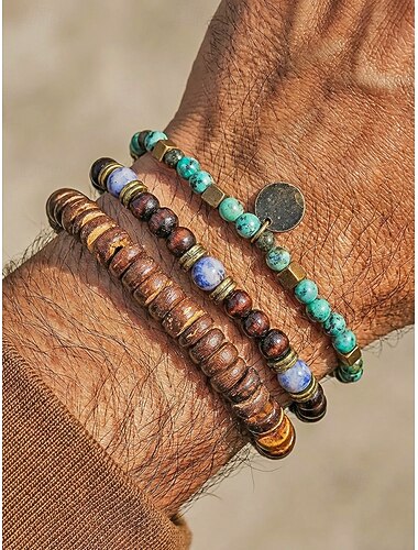  Herenarmbandenset in bohemian stijl met turkooizen en houten kralen van kokosnootschelpen, 3 stuks elastische, stapelbare armbanden, perfect voor strandvakanties, casual zomeroutfits en dagelijks gebruik.