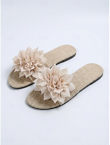  Sandales de plage romantiques à fleurs pour femmes - élégantes mules beiges style lin ornées de grandes fleurs en 3D, parfaites pour les vacances sur les îles et les escapades estivales. &lunes de