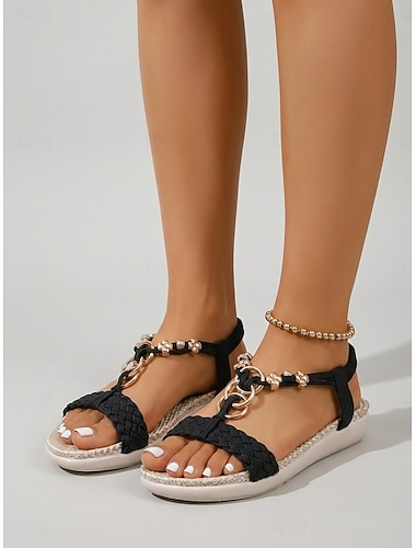  Sandales bohèmes noires pour femmes - ballerines confortables en corde tressée à la main avec boucle réglable, idéales pour les séjours en plein air et les vacances à la plage. &promenade estivale