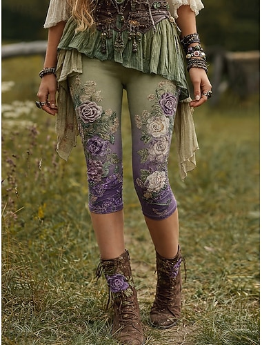  女性用 チノパン レギンス 旅行度假风 ファッション ストリートファッション カプリパンツ ハイウエスト フラワー グラフィック 履き心地よい ソフト 快適 伸縮性あり 日常 アウトドア バケーション ブルー ピンキー グリーン 夏 春 秋 スリムフィット