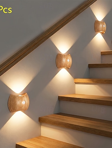  2 Stück intelligente, wiederaufladbare LED-Nachtlichter in Holzoptik mit Bewegungssensor, magnetischer Clipbefestigung, keine Verkabelung erforderlich, für den Innenbereich – Schlafzimmer, Flur,