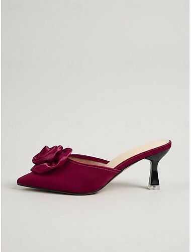  Damskor med röd satinklack, spetsig tå och blommig applikation, eleganta klänningsskor för brudens mor, trädgårdsbröllop &formella evenemang