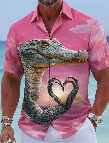  Herre Dyr Krokodillemønster Hjerteformet Hawaii skjorte Tropiske skjorter Aloha skjorte Kortermet Hawaiisk Morsom Feriereise Strand Klær Sommer Vår Aftæpning 3D-utskrift Skjorter med knapper Blå Rosa