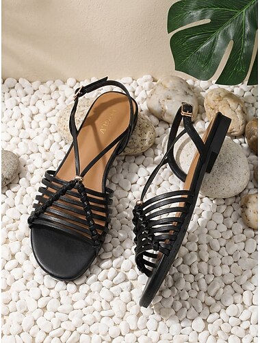  Sandales gladiateur noires à brides pour femmes - sandales plates bohèmes minimalistes avec brides tressées, idéales pour les vacances en station balnéaire et les visites touristiques insulaires.