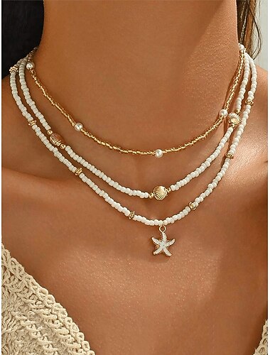  Γυναικείο σετ κολιέ 3 στρώσεων με μενταγιόν αστερίας από κράμα μποέμ, κοσμήματα διακοπών στην παραλία για κορίτσια και γυναίκες, κολιέ με στρώσεις από χάντρες για ταξίδια και καθημερινή χρήση