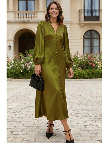  A-Linie Knöchellänge Partykleid Cocktailkleid Kleid für Hochzeitsgäste Cocktailkleider Elegant Langarm Revers Formell Hochzeitsgast Taft mit Knöpfe Einfarbig
