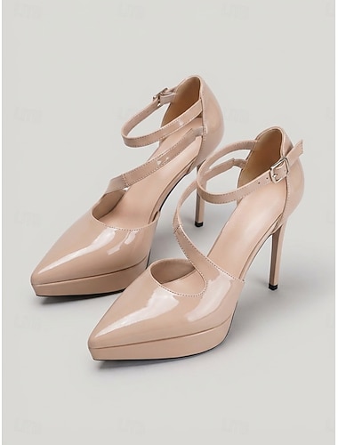  Damesko med nude platå og ankelstropp – høye hæler med spiss tå til nattklubb og fest &elegant kveld ute