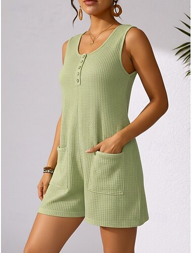  Dames wafelromper, sportief, effen kleur, mouwloos, wijde pijpen, ronde hals, zakken, geschikt voor dagelijks gebruik, thuis, normale pasvorm, lichtgroen, roze, lichtblauw, zomer