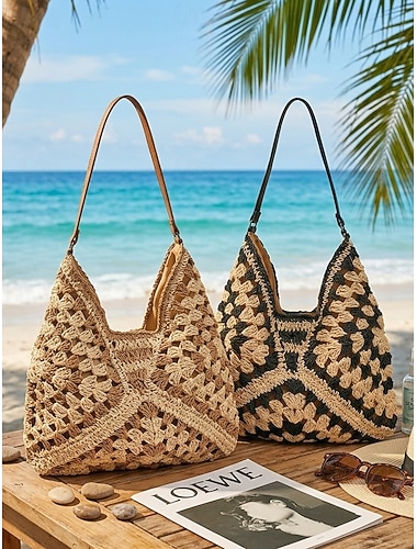  Damevevd bohemsk skulderveske, heklet veske med stor kapasitet i flere farger, uformell strandferie-hoboveske for sommerreiser, feriested, hverdagsbruk