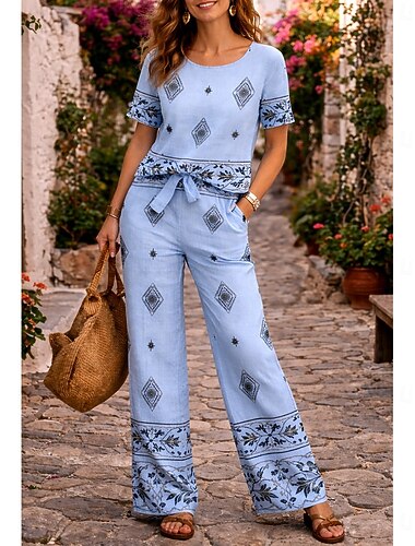  女性用 コットンリネンセット 半袖 ラウンドネック グラフィック 幾何学模様 エレガント ボヘミア 日常 カジュアル 日常 バケーション ブルー ホワイト ピンク 夏 レギュラー