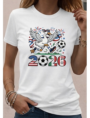  Fußball-WM 2026 Damen-T-Shirt mit Grafikprint, Flagge und Buchstaben im Vintage-Stil, stylisch, Kurzarm, Rundhalsausschnitt, normale Passform, weiß, für Alltag und Wochenende