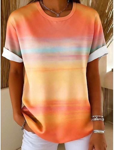  Damen T Shirt Druck Ombre Grafik Stilvoll Klassisch Lässig Kurzarm Rundhalsausschnitt Rundhals Lange Oberteile Täglich Orange Sommer Frühling
