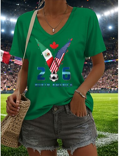  Női Póló Nyomtatott Grafika Foci csapat Stílusos Klasszikus Alkalmi Rövid ujjú V-alakú Normál felsők Napi Medence Fekete Fehér Lóhere Nyár Tavasz