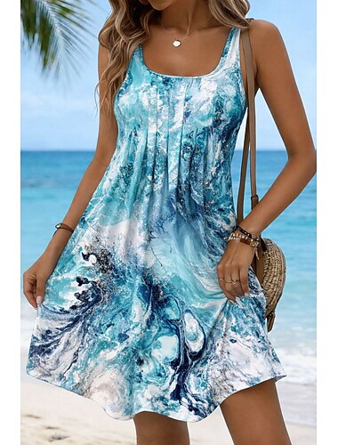  Damen Knielanges Kleid Sommerkleid A Linie Kleid Trägerloses Kleid Urlaub Lässig Strand Normale Passform Grafik Marmor Ärmellos U-Ausschnitt Blau Rosa Purpur Sommer Frühling