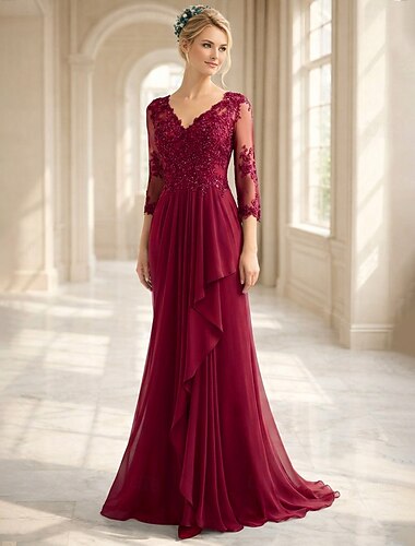  Harang fazon Földig érő Esküvői vendég ruha Ünnepi ruha Estélyi ruha Örömanya ruha Háromnegyedes V-alakú Elegáns Előírásos Esküvői vendég Hivatalos estély Sifon val vel Rakott