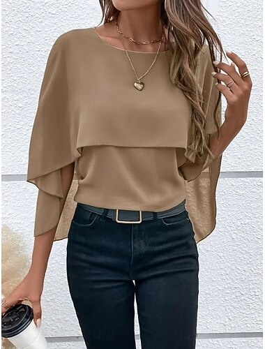 Damen Bluse Gerafft Einfarbig Stilvoll Basic Lässig Dreiviertelarm Rundhalsausschnitt Normale Oberteile Täglich Blau Schwarz Rosa Rote Kamel Sommer Frühling Herbst