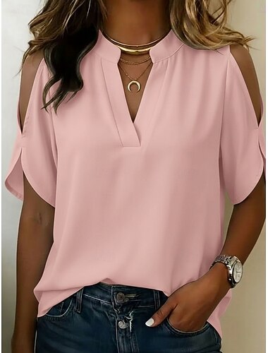  Per donna Camicia Top con spalle scoperte Blusa Top in chiffon Tinta unica Semplice Elegante Vacanza Manica Corta Scollo a V Top lunghi Casuale Nero Bianco Rosa Rosso Blu marino Estate