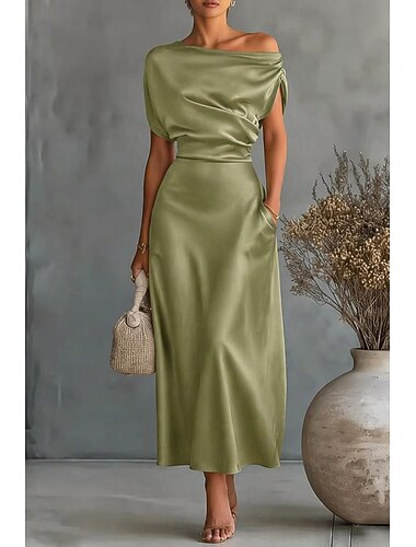  Mujer Vestido largo maxi Vestido de raso Elegante Diario Oficina Vacaciones Ajuste regular Plano Manga Corta Hombros Caídos Negro Azul polvoriento Verde Trébol Primavera