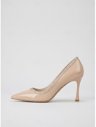 Dames pumps met spitse neus van nude lakleer en kittenhakjes met strassversiering voor cocktailparty's en bruiloften. &avondevenementen