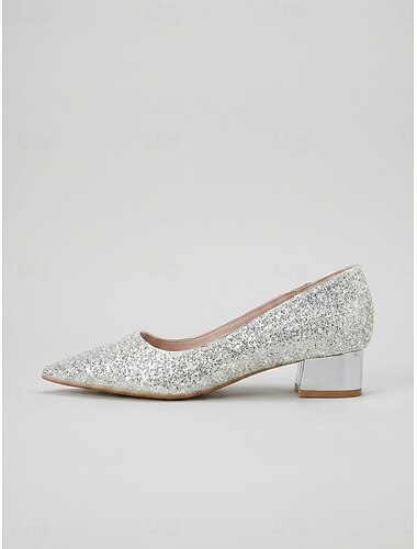  Women's Silver Glitter Chunky Heel Pumps – Sparkling Pointed Toe Cocktail Party Dress Shoes