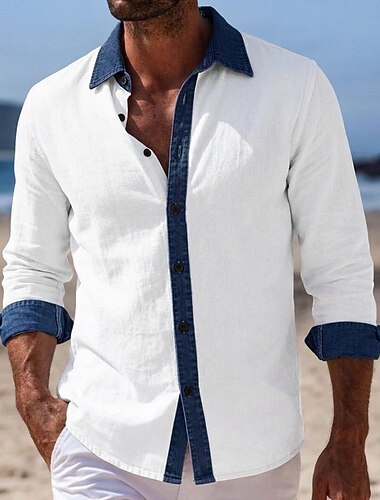  Férfi Ing Vászon ing Nyári póló Strandruházat Stranding Gombos póló Színes Vakáció Szabadság Medence Fekete Fehér Arcpír rózsaszín Hosszú ujj Térfogatcsökkenés Nyár Tavasz Ruházat Kollázs