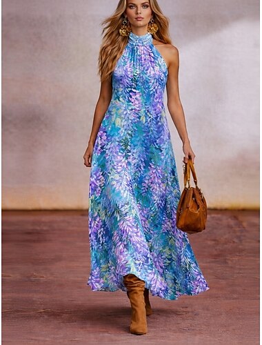  Damen Midikleid Sommerkleid A Linie Kleid Halterkleid Rückenfreies Kleid Urlaub Party Lässig Outdoor Strand Party Standard Passform Ombre Blumen Grafik Ärmellos Neckholder Regenbogen Sommer Frühling