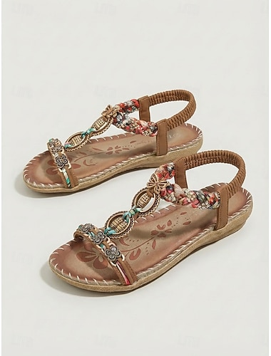  Sandales plates marron café à perles pour femmes - sandales bohèmes confortables ornées de pierres précieuses, idéales pour les vacances à la plage et les visites touristiques en plein air. &vêtements