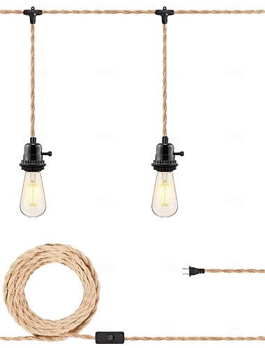  Cavo per lampada a sospensione da 4,5 m con 1 luce e 3 luci, da 7 m, con spina, luci a sospensione con cavo e spina, kit di luci a sospensione in corda di canapa con interruttore a 2 vie, kit di luci