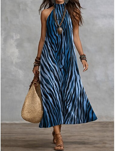  Dame Maxikjole Hverdagskjole Chiffonkjoler Swing Kjole Boho smarte kjoler Boheme Ferie Tropisk Strand Ferie Stævnemøde Regulær Nuance Grafisk Leopard Uden ærmer Halterhals Blå Rød Lysebrun Lilla