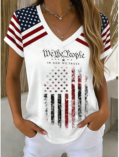  Ημέρα Αμερικανικής Ανεξαρτησίας Γυναικεία Μπλουζάκι Στάμπα Γραφική Αμερικάνικη σημαία Στυλάτο Κλασσικό Καθημερινό Κοντομάνικο Λαιμόκοψη V Κανονικά μπλουζάκια Causal Καθημερινά Λευκό Καφέ