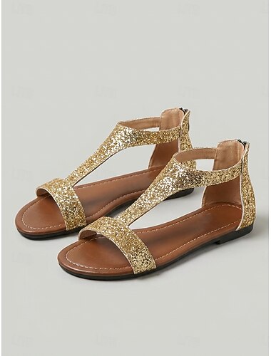  Sprankelende zwarte platte sandalen met T-bandje voor dames - chique glitter voor strandvakanties, wandelingen langs de kust en reizen naar tropische eilanden.