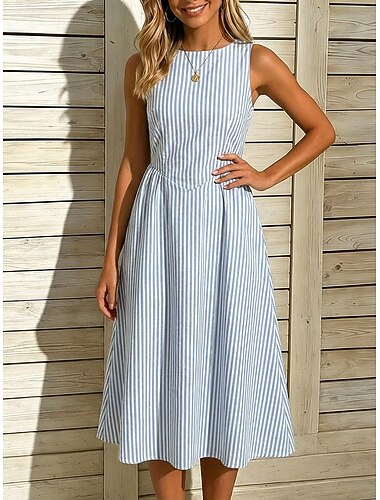  Per donna Abito Midi Vestito Casual Abito a righe Abito a trapezio Elegante Moda Quotidiano Vacanza Vestibilità regolare A righe Senza Maniche Girocollo Blu Nero Giallo Rosso rosa Estate Primavera