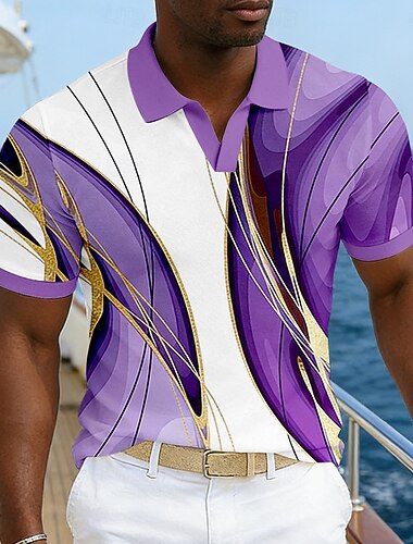  رجالي هندسي قمصان بولو هاواي كم قصير قمصان البولو V رقبة كاجوال ملجأ ملابس الرياضة مناسب للبس اليومي ملابس العطلة طباعة ثلاثية الأبعاد للربيع والصيف أزرق أزرق البحرية أرجواني