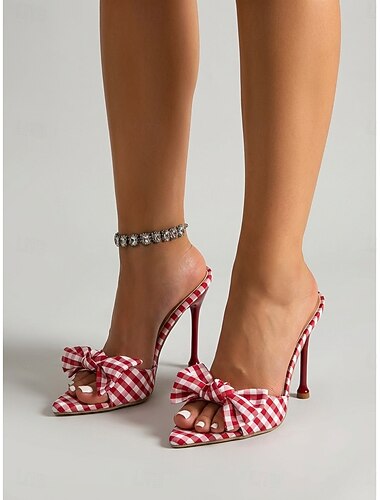  Chique dames muiltjes met hoge hakken in rood-wit geruit patroon - elegante sandalen met spitse neus en strikdetail. &Stilettohakken voor zomerse diners in resorts en retro tuinfeesten. &picknick