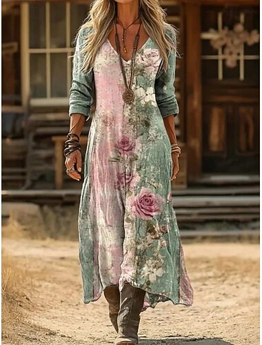  Női Maxiruha Nyári ruha nyári ruha Szabadság Alkalmi Boho Napi Tengerpart Alkalmi Laza öltözet Virágos Grafika Színes Hosszú ujj V-alakú Sötétbarna Világosbarna Lóhere Nyár Tavasz