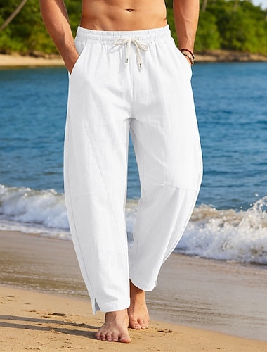  Herren Leinenhosen Hose Sommerhose Haremshose Kordelzug Elastischer Bund Einfach Komfort Atmungsaktiv Volle Länge Lässig Outdoor Ferien Urlaub Mode Schwarz Weiß Unelastisch